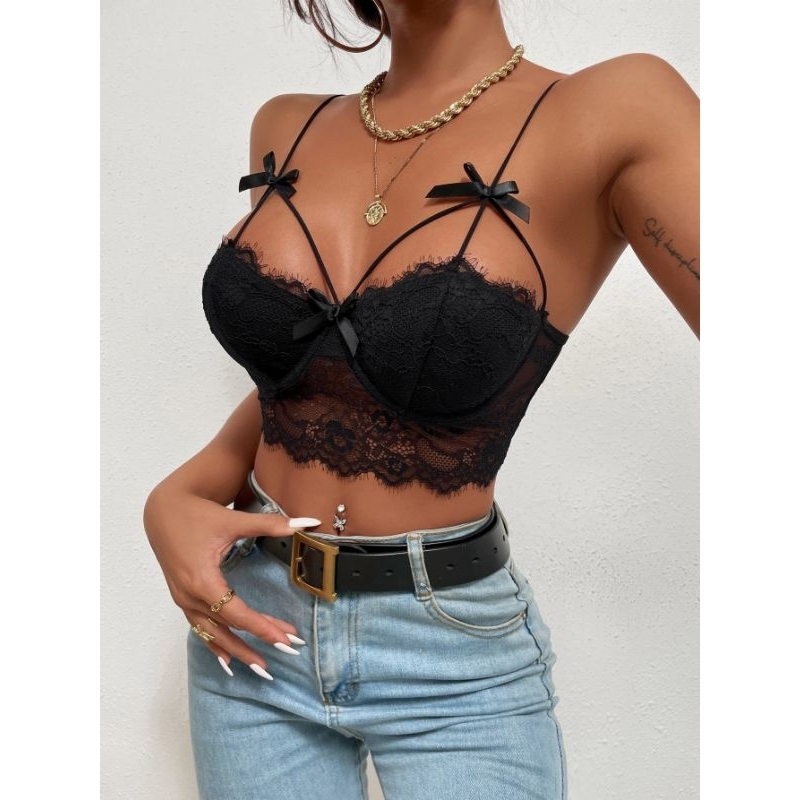 Áo bra tank top Corset đan dây trước ngực có gọng, trang trí nơ, phối ren sexy quyến rũ thời trang cho nữ 🎀🖤