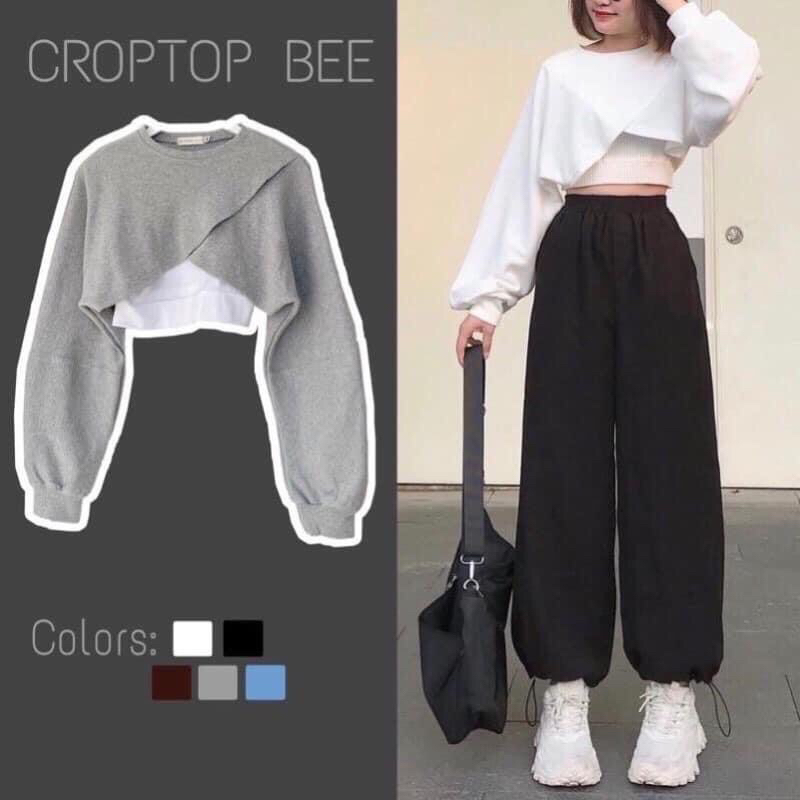 Áo Croptop Dài Tay Dáng Rộng Đắp Chéo Phong Cách Hàn Quốc