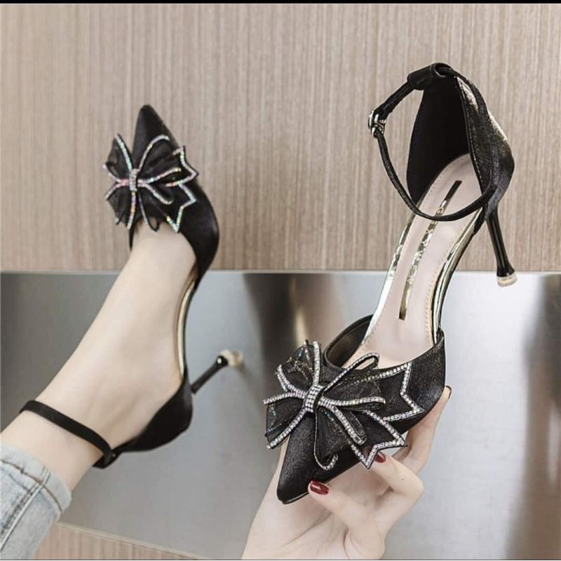 Giày cao gót nhọn 7cm Lụa satin nơ soàn bigsize 32 đến 45