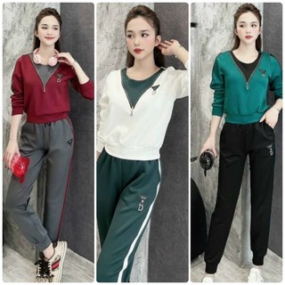Set bộ thun cotton thể thao phối khóa kéo logo thêu cao cấp