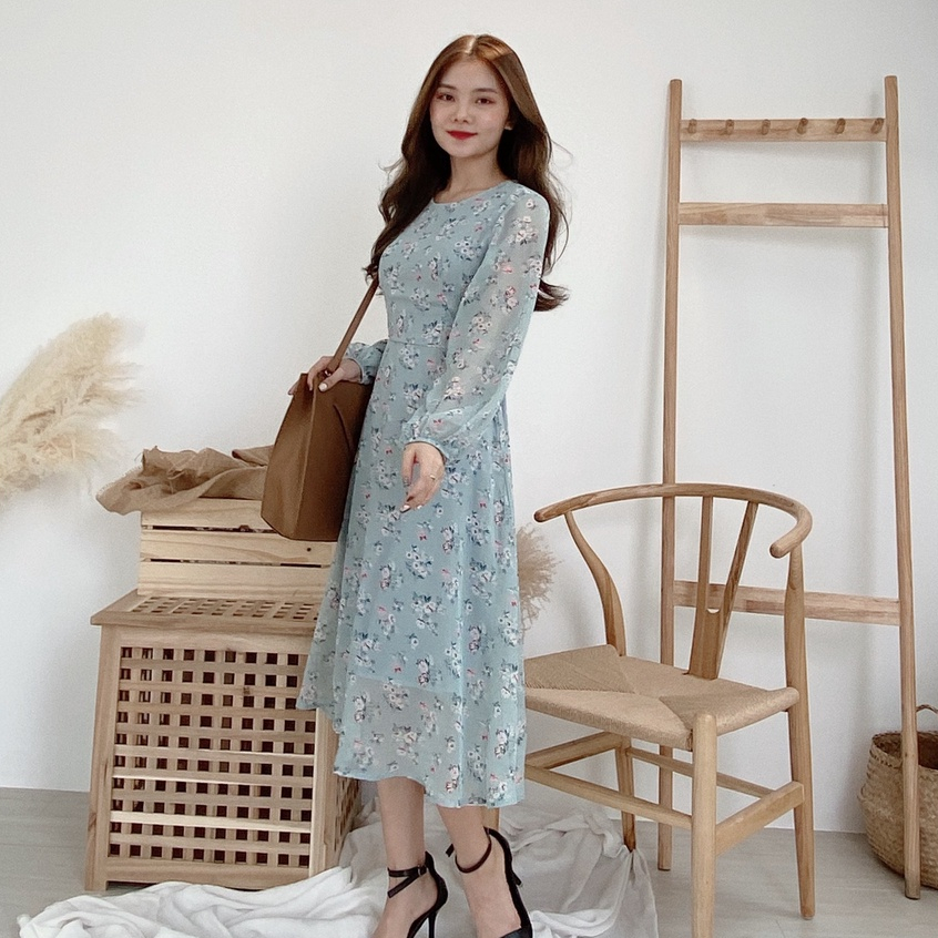 Đầm/Váy voan hoa nhí dài tay dáng chữ A có dây thắt eo - Momiji Store
