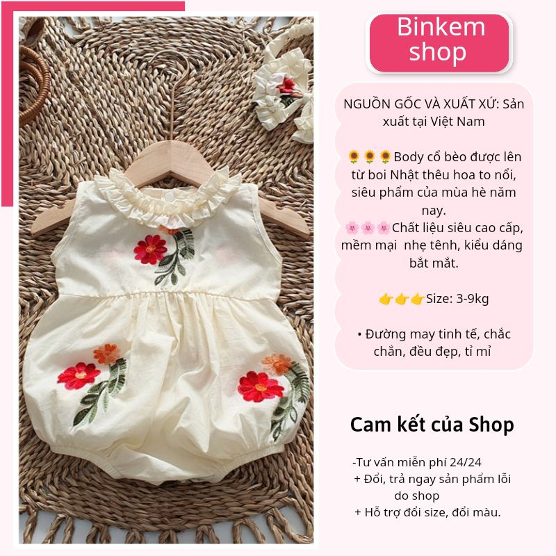 Body Bé Gái Sơ Sinh BINKEMSHOP. Body Đầy Tháng Cho Bé Tặng Kèm Turban và Hài. Bodysuit Cho Bé Sơ Sinh 3-11kg