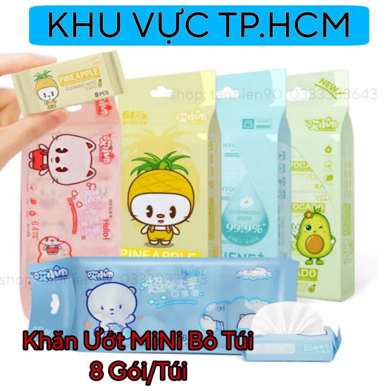 Khăn giấy ướt mini cho bé lốc 8 gói 64 tờ, khăn ướt bỏ túi du lịch