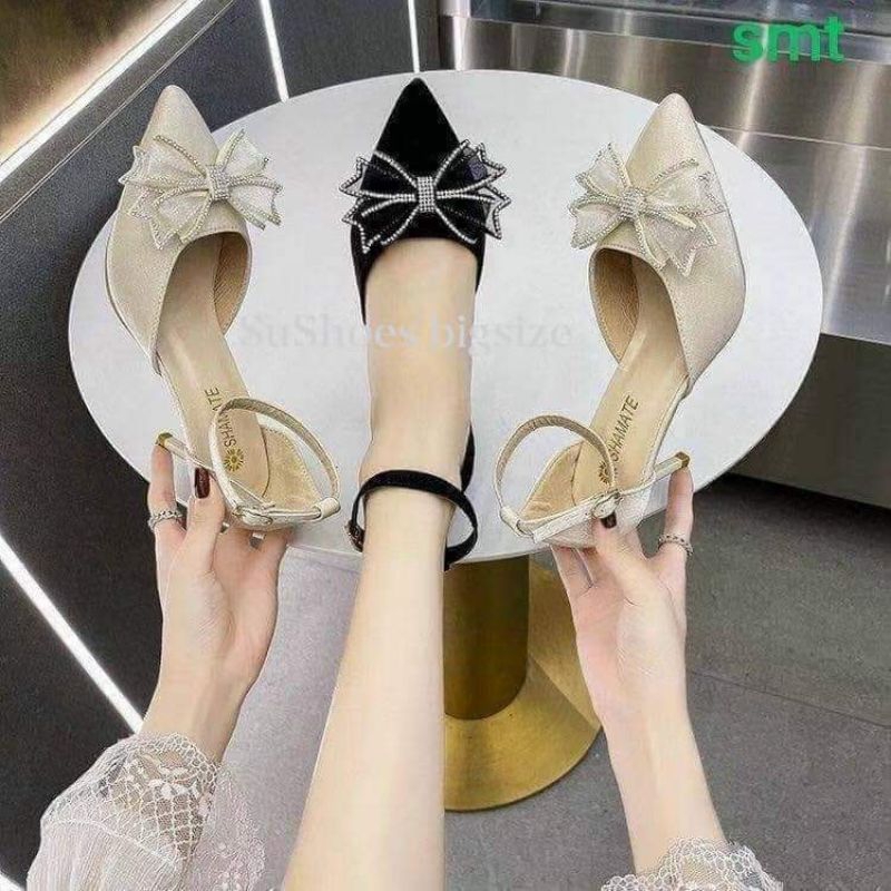Giày cao gót nhọn 7cm Lụa satin nơ soàn bigsize 32 đến 45