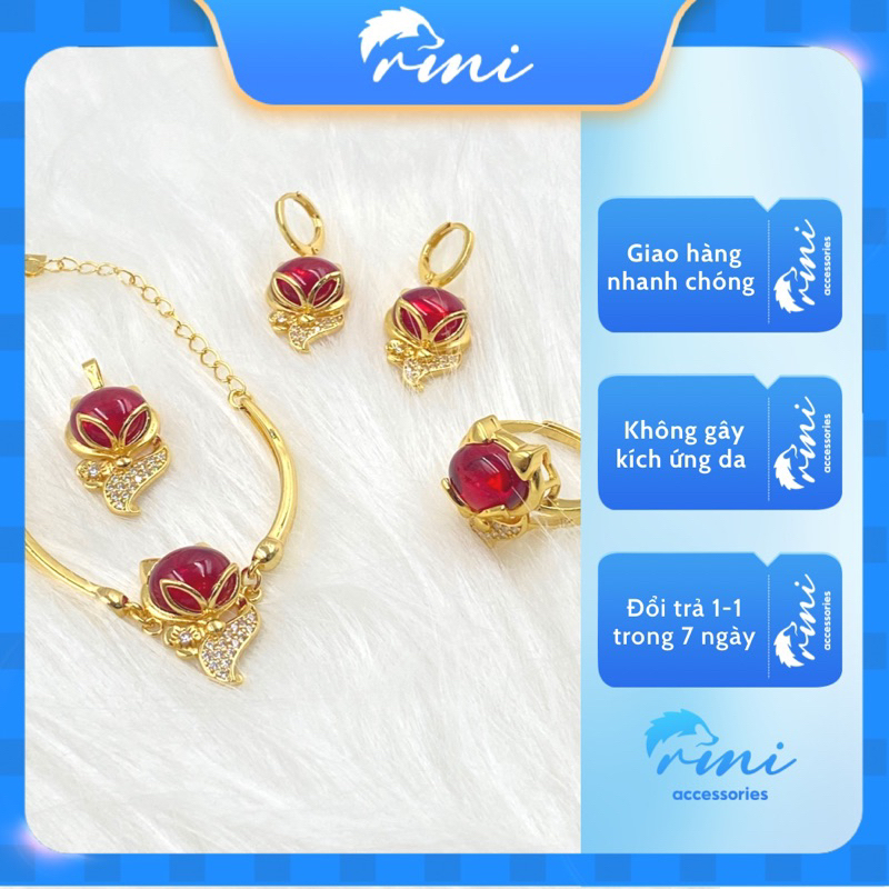Bộ trang sức hồ ly 4 món Vòng đeo tay, nhẫn, mặt dây chuyền, khuyên tai Vàng Xi mạ 18K Cao cấp Rini.Accessories