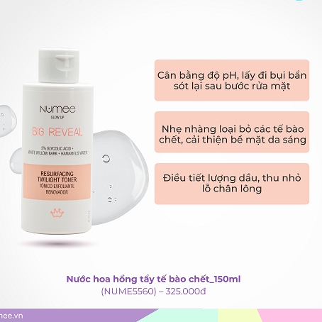 Nước hoa hồng Numee Glow Up tẩy tế bào chết, dưỡng mịn da 150ML