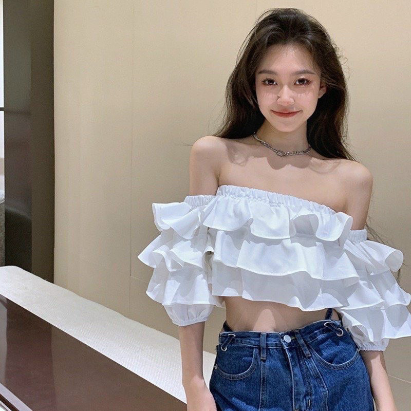 Áo bẹt vai tầng siêu cưng, Áo croptop trễ vai tay phồng 2 lớp nhún lưng ôm dáng bánh bèo 💕💕💕S999