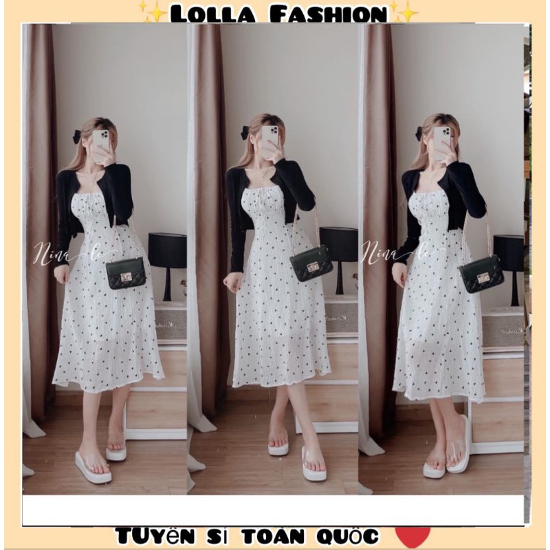 ( Bán sỉ/ Ảnh thật):🌸 Set áo khoác len calidan đen miix với vát 2 dây trái tim cực hot kèm ảnh thật trải sàn