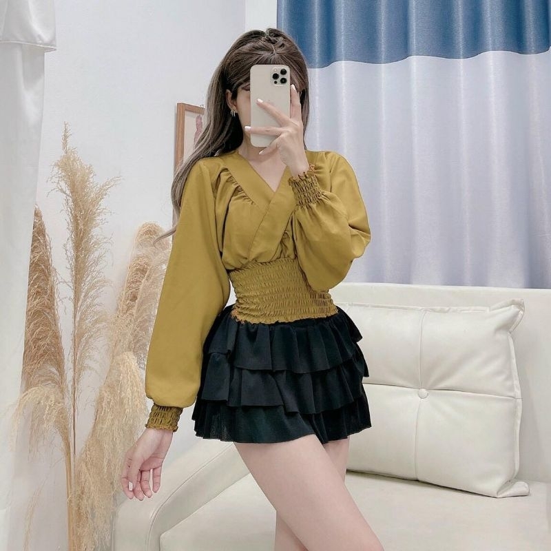 Áo Voan Kiểu Cổ Tim tay Dài Bo Eo Tay