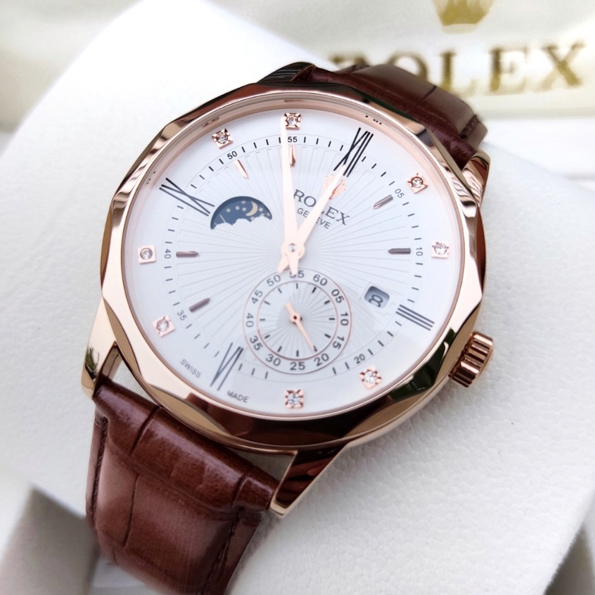 Đồng Hồ Cơ Nam Rolex Máy Nhật Mặt đen 3 kim viền vàng dây da, Đồng Hồ Nam Automatic size 41mm