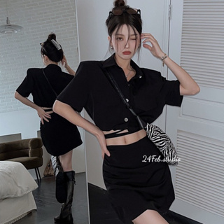 [HẾT HÀNG] [SET03] Set áo sơ mi đũi lụa dáng croptop dây eo kèm quần váy nhún phong cách Hàn Quốc #1