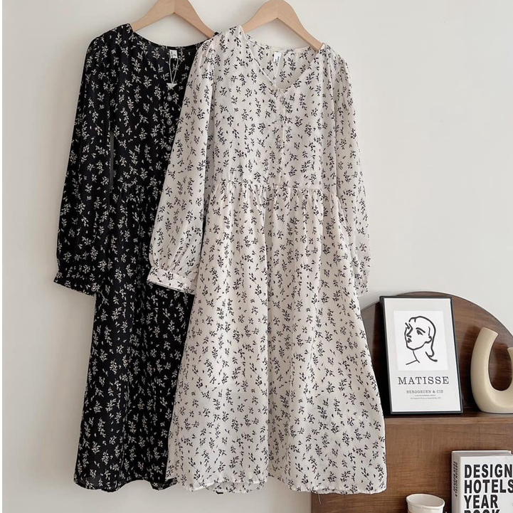 Đầm/Váy babydoll dáng dài hoa cỏ màu be Vintage style - Momiji Store