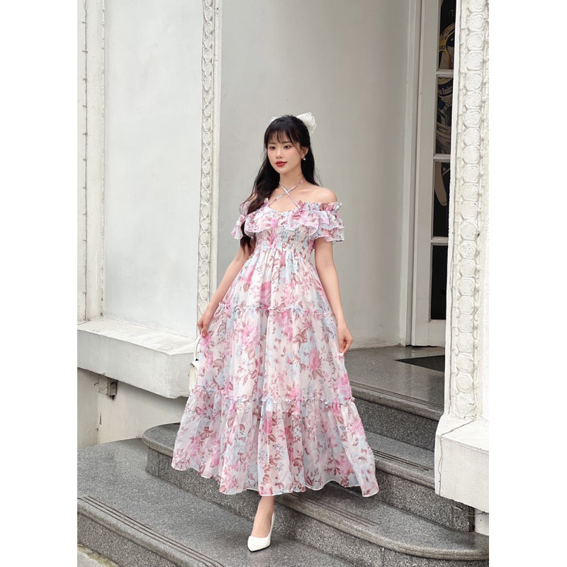 Váy maxi tơ hoa trễ vai, hàng thiết kế  - V024