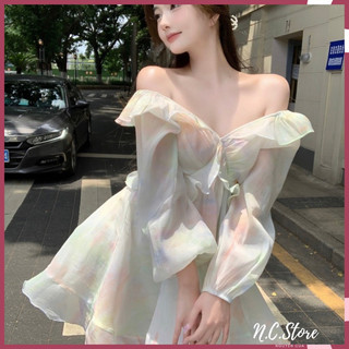 Đầm voan bèo xanh tay bồng khoét eo nơ lưng