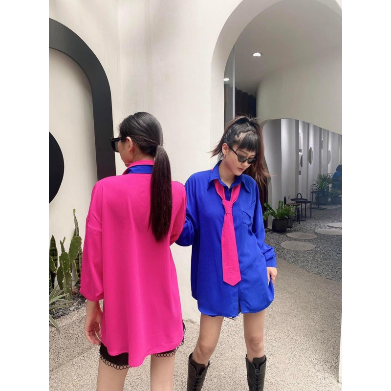 Áo sơ mi hồng neon kèm cà vạt xanh coban hàng thiết kế cao cấp siêu đẹp