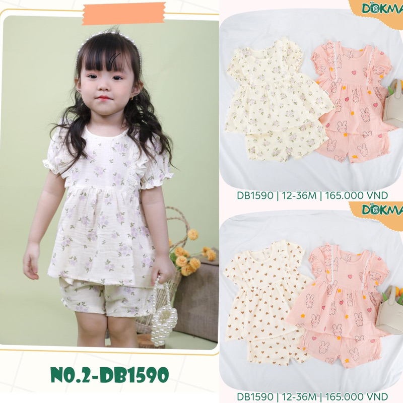 (12-36M) Bộ cộc tay bé gái họa tiết Dokma vải xô nhăn Muslin cao cấp DB1590
