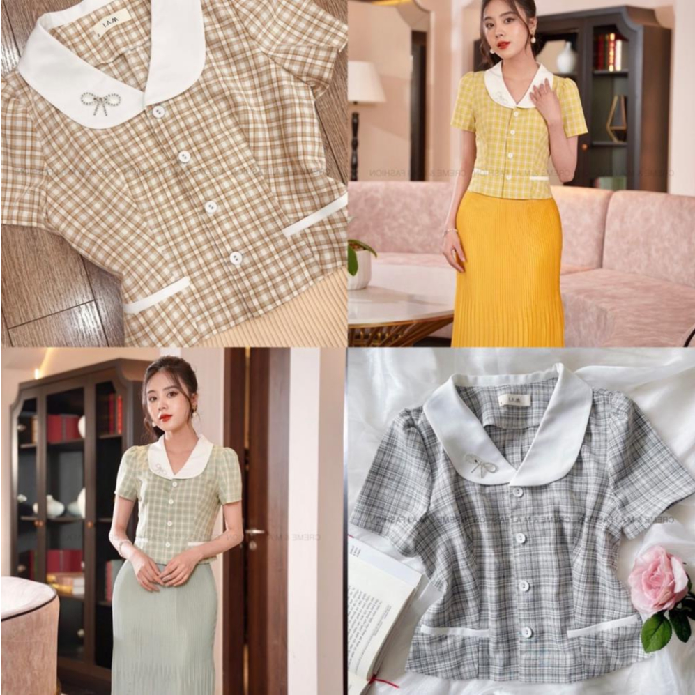 ÁO KÍ GIẢ CÔNG SỞ CAO CẤP, CỔ SEN TAY NGẮN DÁNG LỬNG, HỌA TIẾT KẺ PHONG CÁCH HÀN QUỐC TRẺ TRUNG, THIẾT KẾ CREME KG3008
