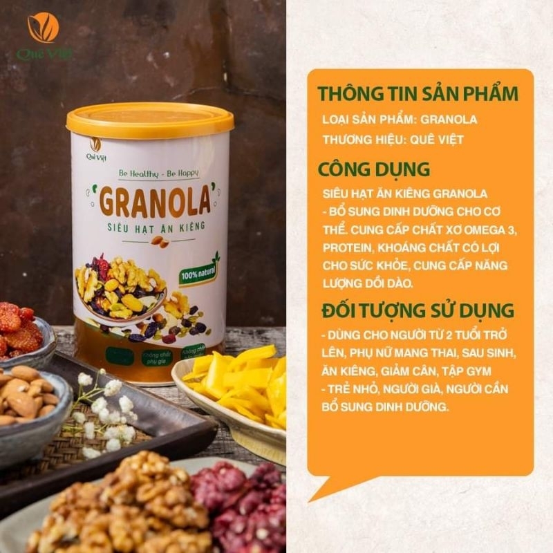 Combo 5 hộp Granola siêu hạt ngũ cốc ăn kiêng Quê Việt, nguyên liệu hữu cơ -  5 hộp x 500g/hộp