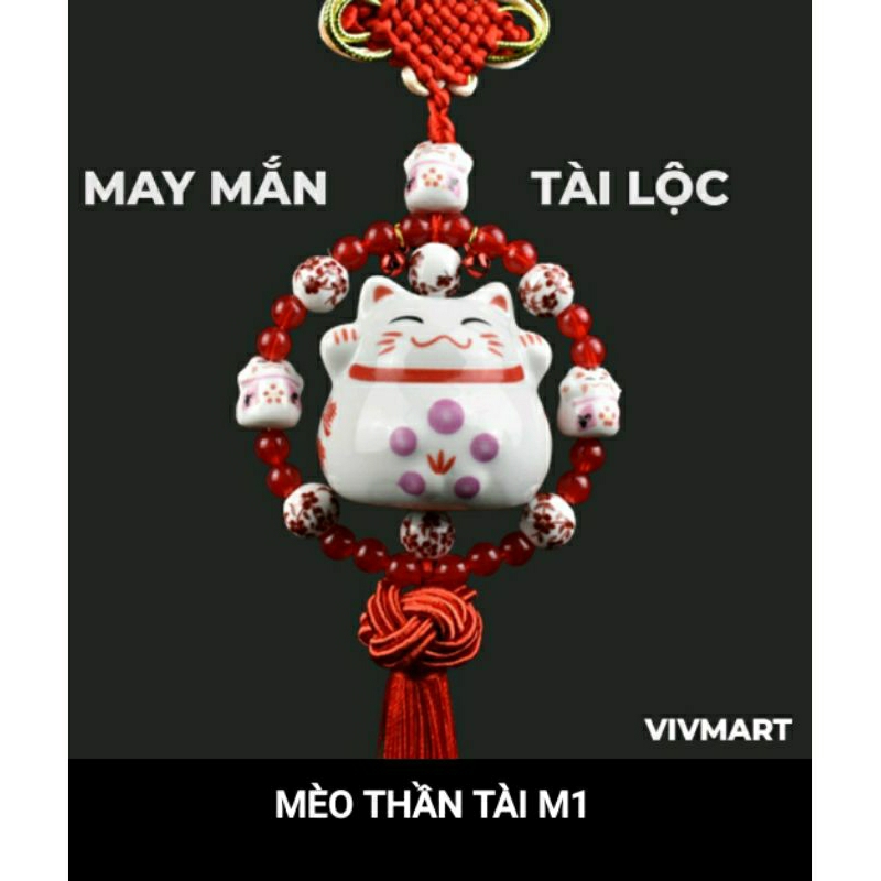 Khánh Mèo thần tài treo gương chiếu hậu xe ô tô may mắn