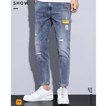 Quần Jean Nam Màu xanh kiểu rách in hoạ tiết chất vải denim, Quần bò nam ống côn thoáng mát đẹp SOLOShop ms77