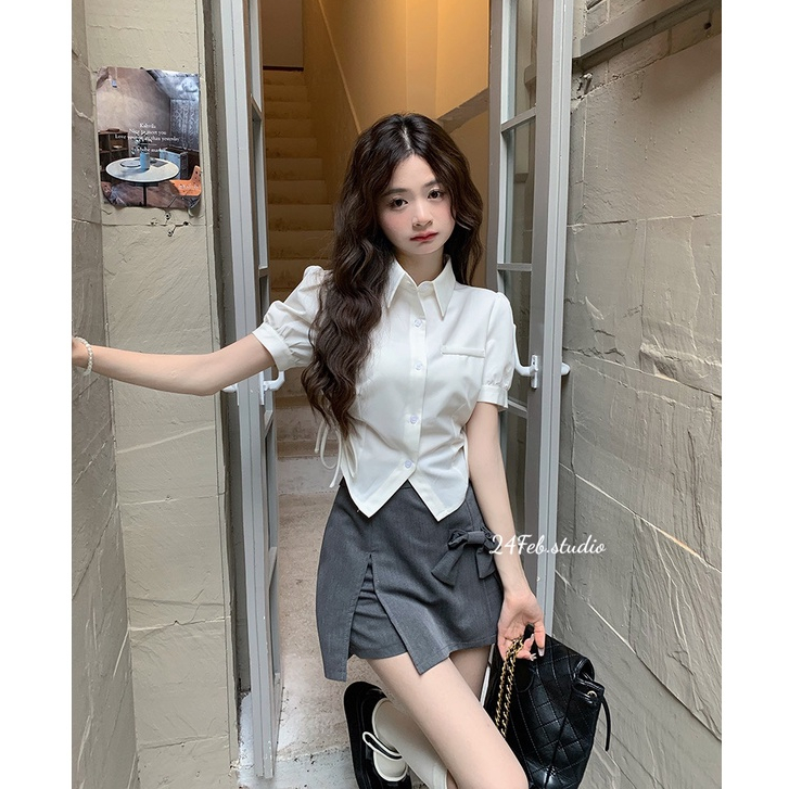 [SET05] [Sẵn hàng] Set áo sơ mi croptop rút eo kèm chân váy phối nơ phong cách Loli Hàn Quốc