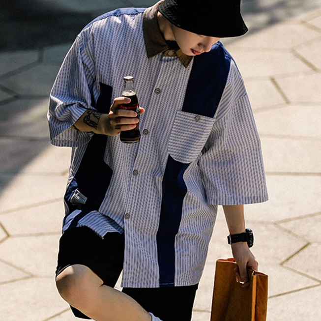 Áo sơ mi nam dáng rộng, Áo sơ mi tay lỡ kẻ sọc phối thun thời trang 2 màu Basic phong cách Ulzzang Hàn Quốc