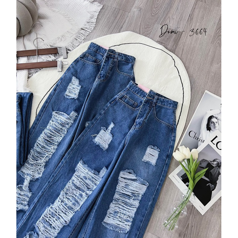 QUẦN DÀI JEANS LOA XUÔNG ỐNG RỘNG ĐẠP LAI RÁCH TE TUA