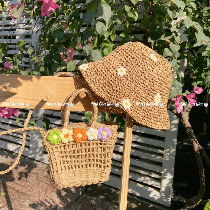 Set nón cói, túi cói hoa xinh xỉu
