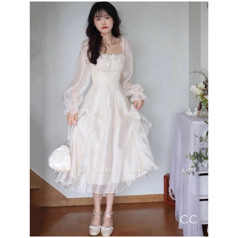 Váy Trắng Dài Tầng Viền Ngọc Tiểu Thư Đi Đám cưới , Đi chơi , Chụp Kỉ Yếu