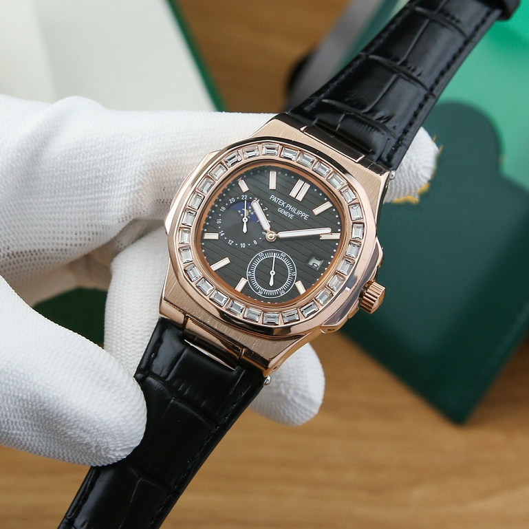 Đồng Hồ Cơ Nam Patek Viền Đính Đá - Lịch Sun & Moon - Bảo Hành 24 Tháng