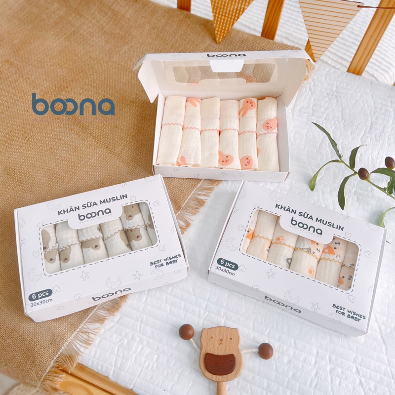 Hộp 6 khăn sữa Muslin Boona mềm mại, thấm hút BOO012