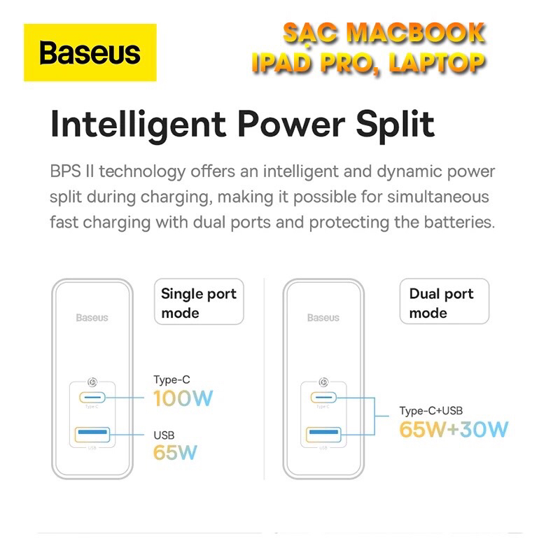 Bộ Sạc Nhanh Đa Năng Baseus Công Suất Cao GaN5 Pro Fast Charger C+U 100W Dùng cho Điện Thoại/Laptop bảo hành 6 tháng