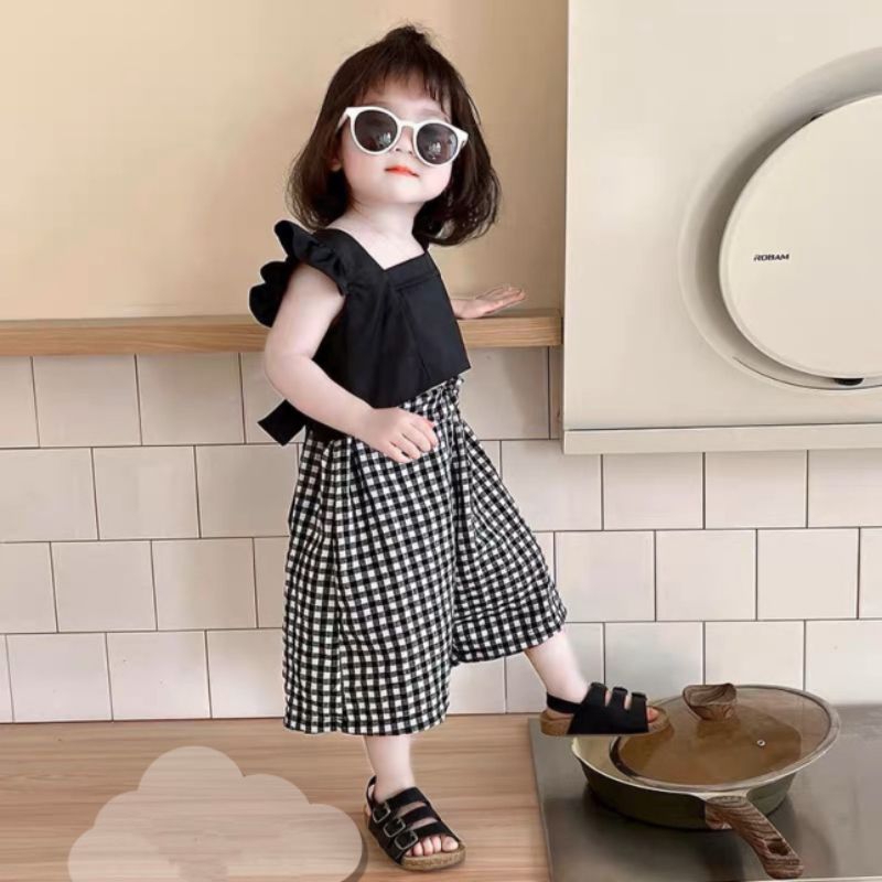 Bộ  áo cánh tiên nơ lưng kèm quần xuông caro tiểu thư bé gái