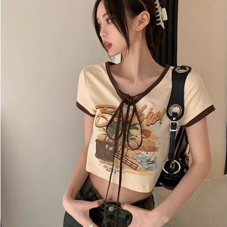 Áo Thun Croptop Tay Ngắn Phối Viền Dây Nơ Dài BEEBRO Cá Tính Sành Điệu
