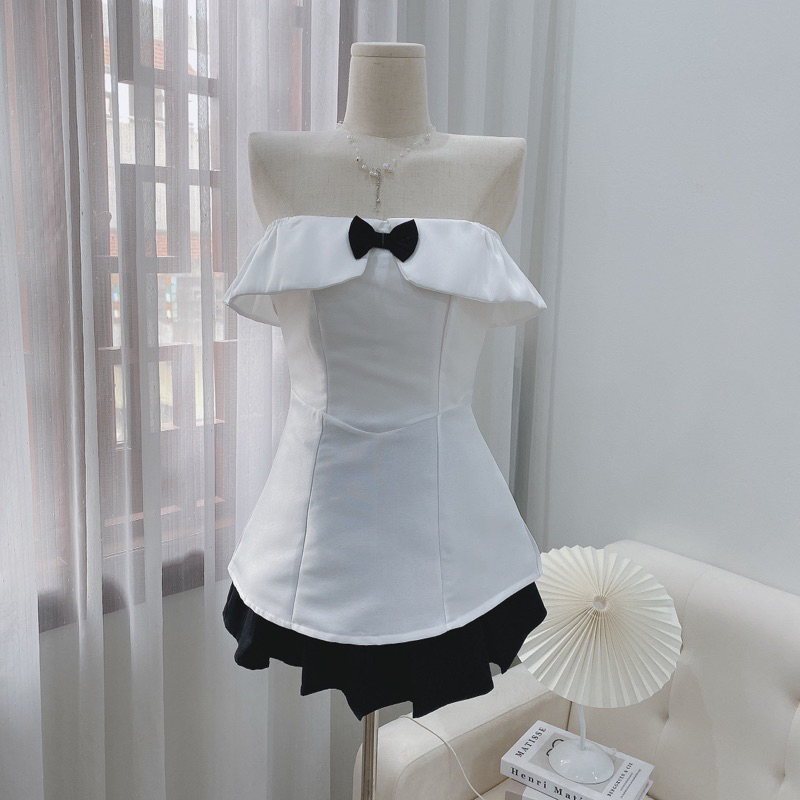 Set Áo TacTa Trễ Vai Nơ Mix Chân Váy Xếp Ly Sang Chảnh Kèm Ảnh Thật