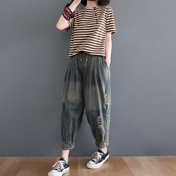 Quần jean nữ baggy thêu hoa dáng rộng, form thụng chất vải thoáng mát mã DX16