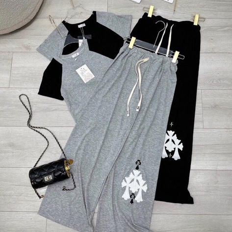 Sét Bộ Thun Áo Croptop phối màu + Quần Dài  Kiểu Dáng Sang Trọng Trẻ Trung