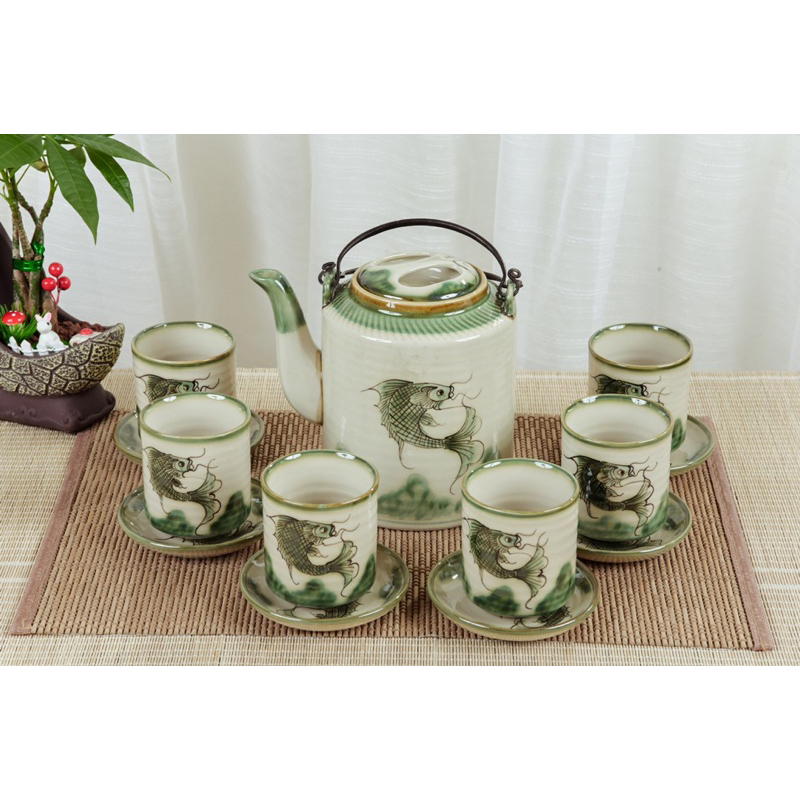 Bộ Tích Pha Trà Ấm Tích Uống Trà 1,5L- 1L Vẽ Tay Sen Đào Chuồn Quai Đồng Gốm Sứ Bát Tràng Cao Cấp