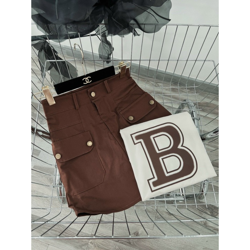 Set áo thun chữ B kèm chân váy chữ a kaki nâu