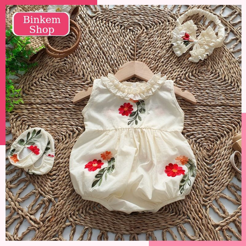 Body Bé Gái Sơ Sinh BINKEMSHOP. Body Đầy Tháng Cho Bé Tặng Kèm Turban và Hài. Bodysuit Cho Bé Sơ Sinh 3-11kg