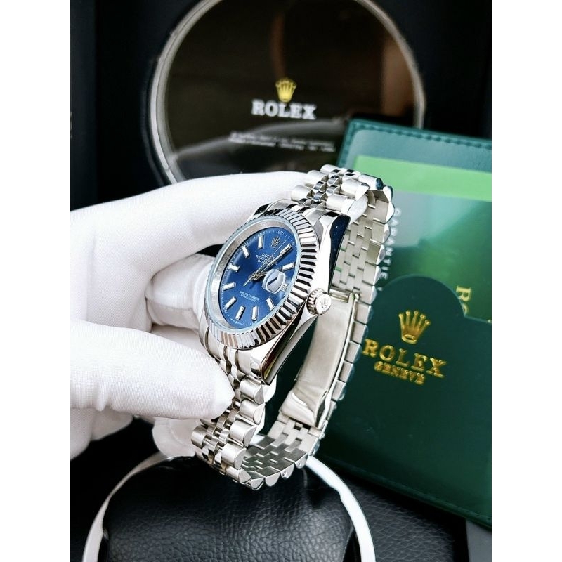 [Jasmine Watch] Đồng hồ đeo tay nam, đồng hồ nam Rolex máy cơ Nhật Automatic, dây bạc mặt xanh thời trang, full box thẻ