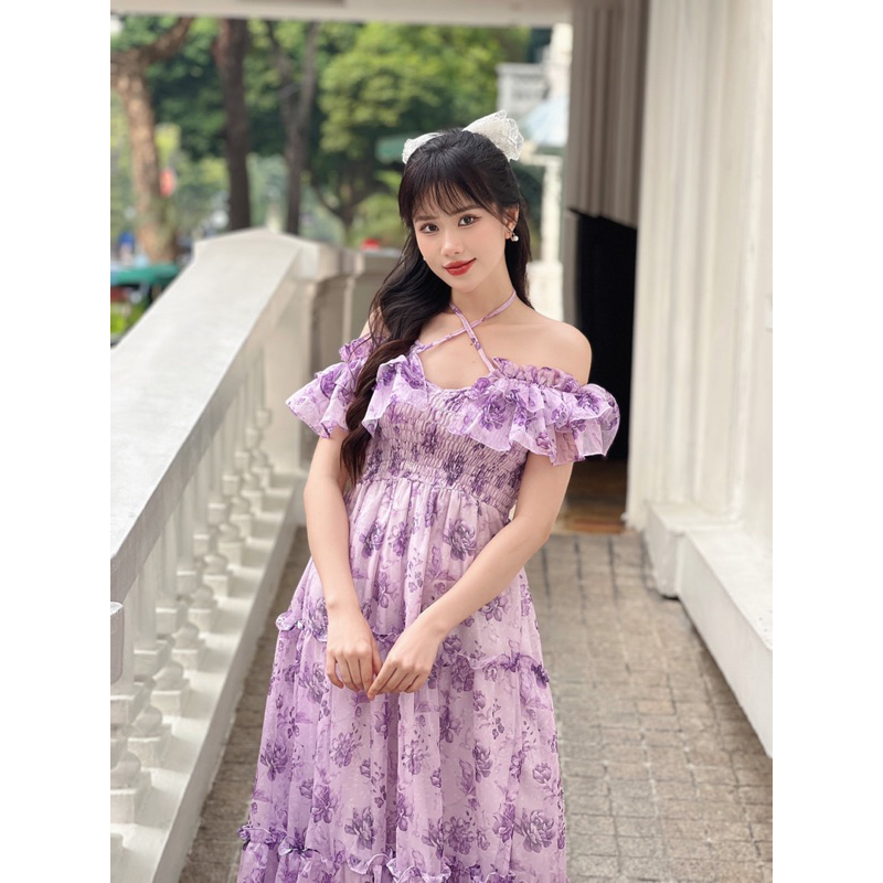 Váy maxi tơ hoa trễ vai, hàng thiết kế  - V024