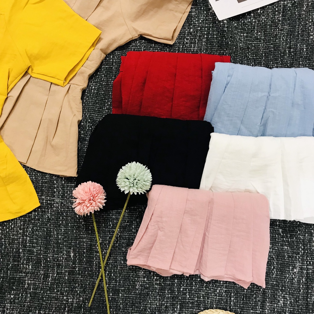 Áo Kiểu Tay Ngăn xếp ly vạt dưới Áo phối Nút Gỗ giữa thân chất vải Đũi Hàn