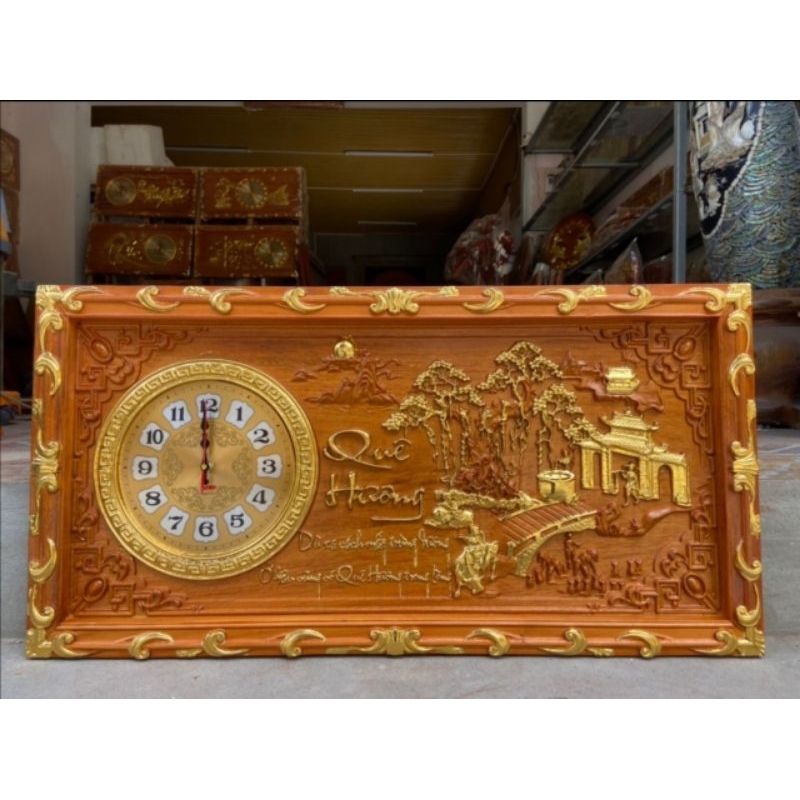 Tranh đồng hồ gỗ Gõ Đỏ cao cấp, chạm khắc tinh tế từ làng nghề
