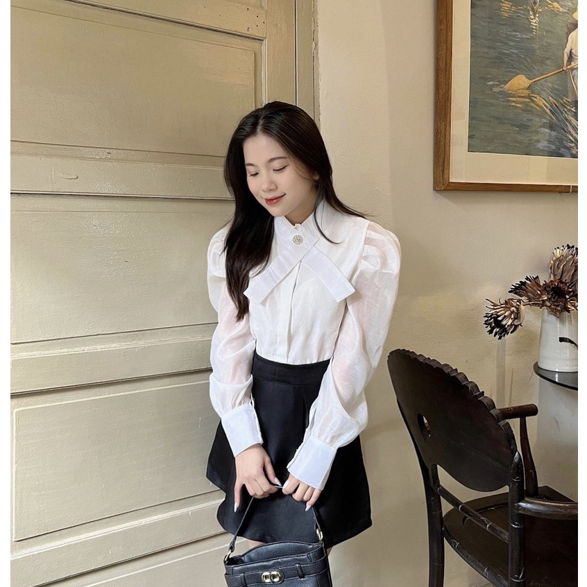 Áo sơ  mi cổ vát đính đá sang chảnh thanh lịch dễ mix hàng 2 lớp  / maybecloset