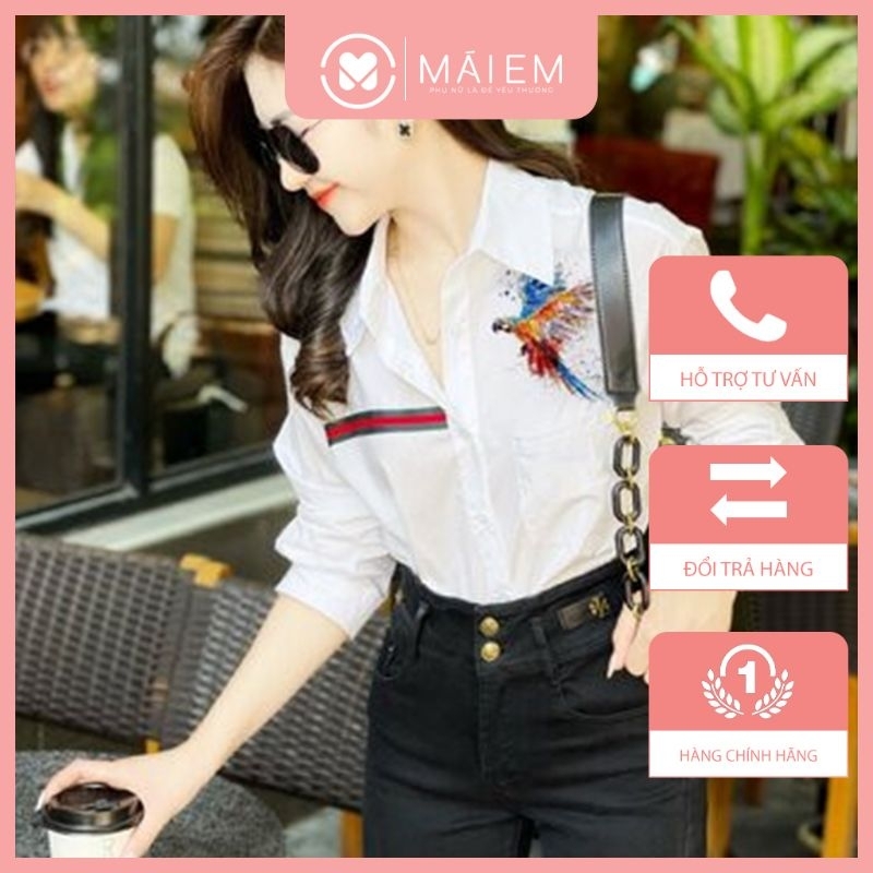 áo sơ mi công sở màu trắng dài tay có in hình vẹt 7 màu thời trang nữ đẹp nổi bật Mái Em _A8024