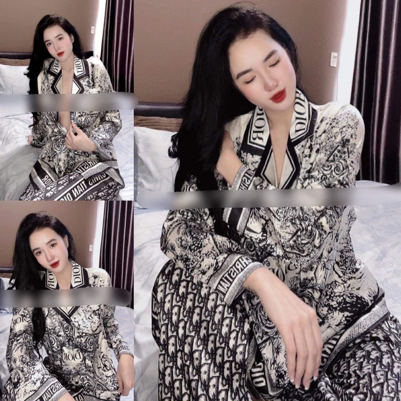 Đồ bộ dài tay pijama thiết kế lụa xước sang chảnh siêu mềm mịn Đio hoa văn