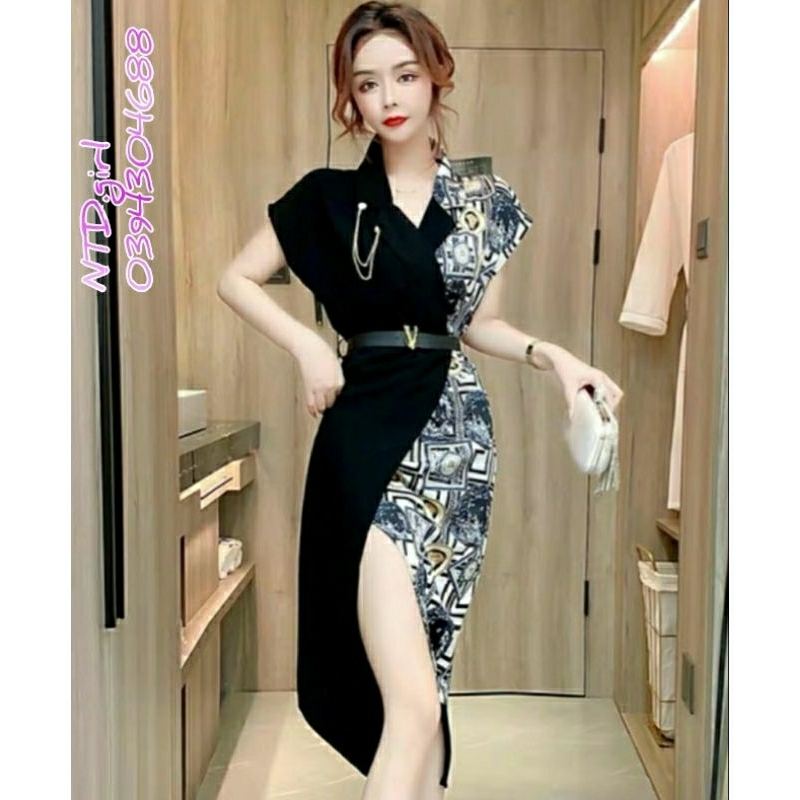 Hàng nhập - Đầm dáng ôm cổ vest phối màu sang chảnh, váy body lụa xẻ tà cao sexy