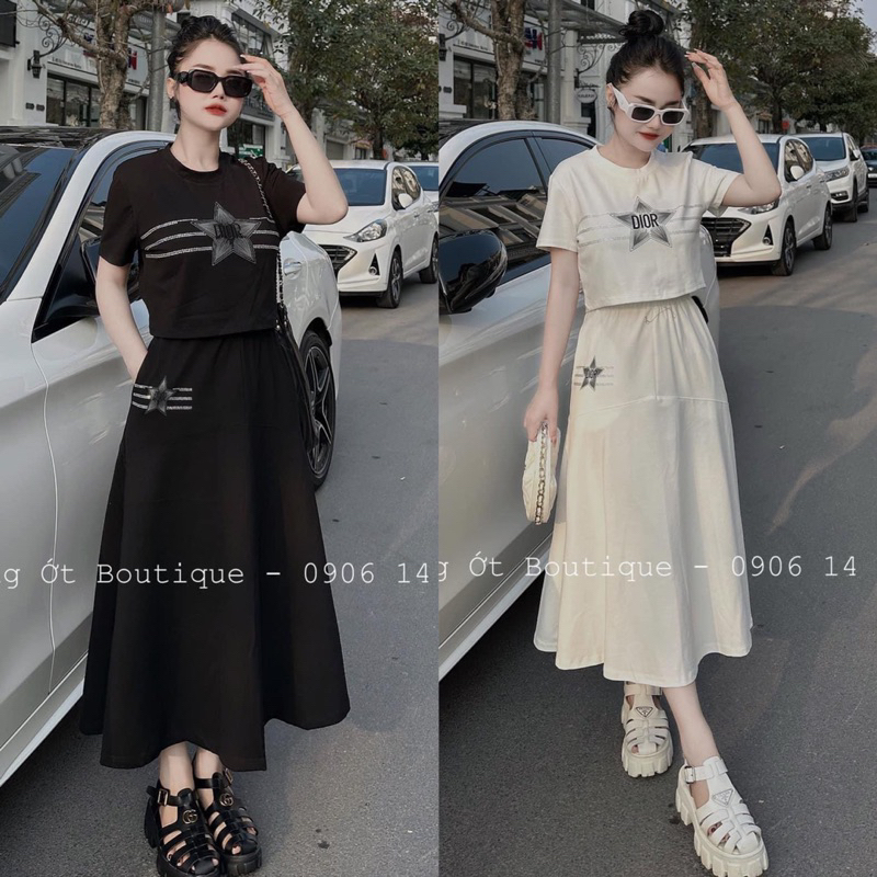 SET ZIP ÁO ĐÍNH ĐÁ SAO KÈM CHÂN VÁY XOÈ DÀI