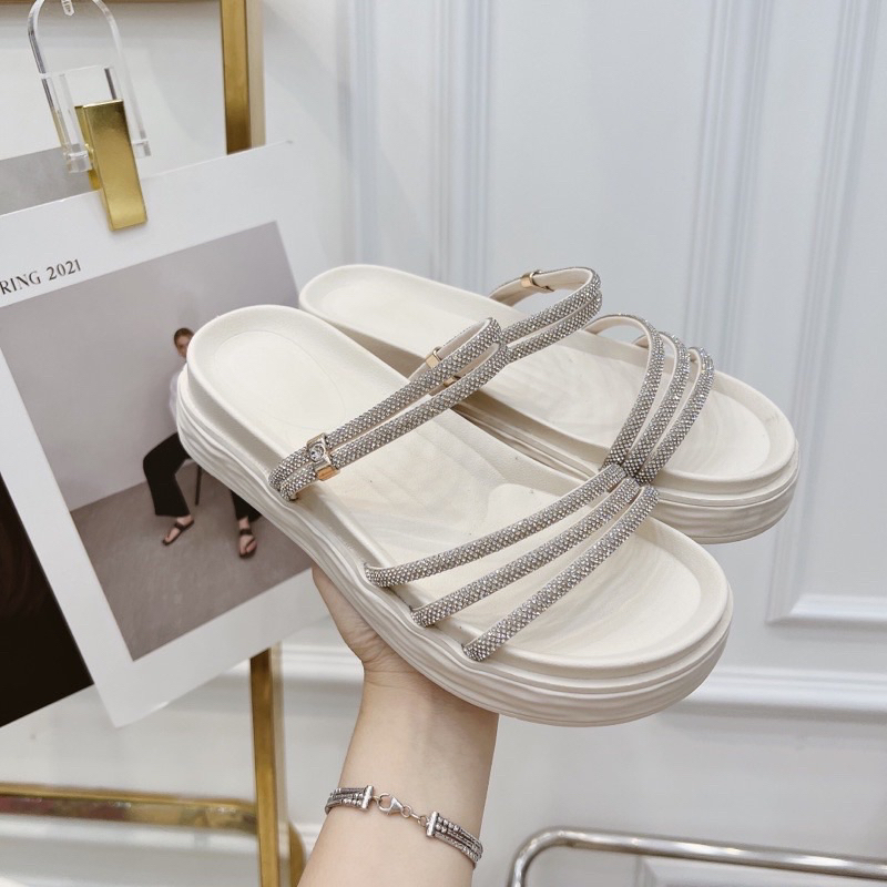 Dép quai hậu dép lê nữ đính đá cao cấp Dép đế bằng đẹp thiết kế thời trang đế cao 4cm